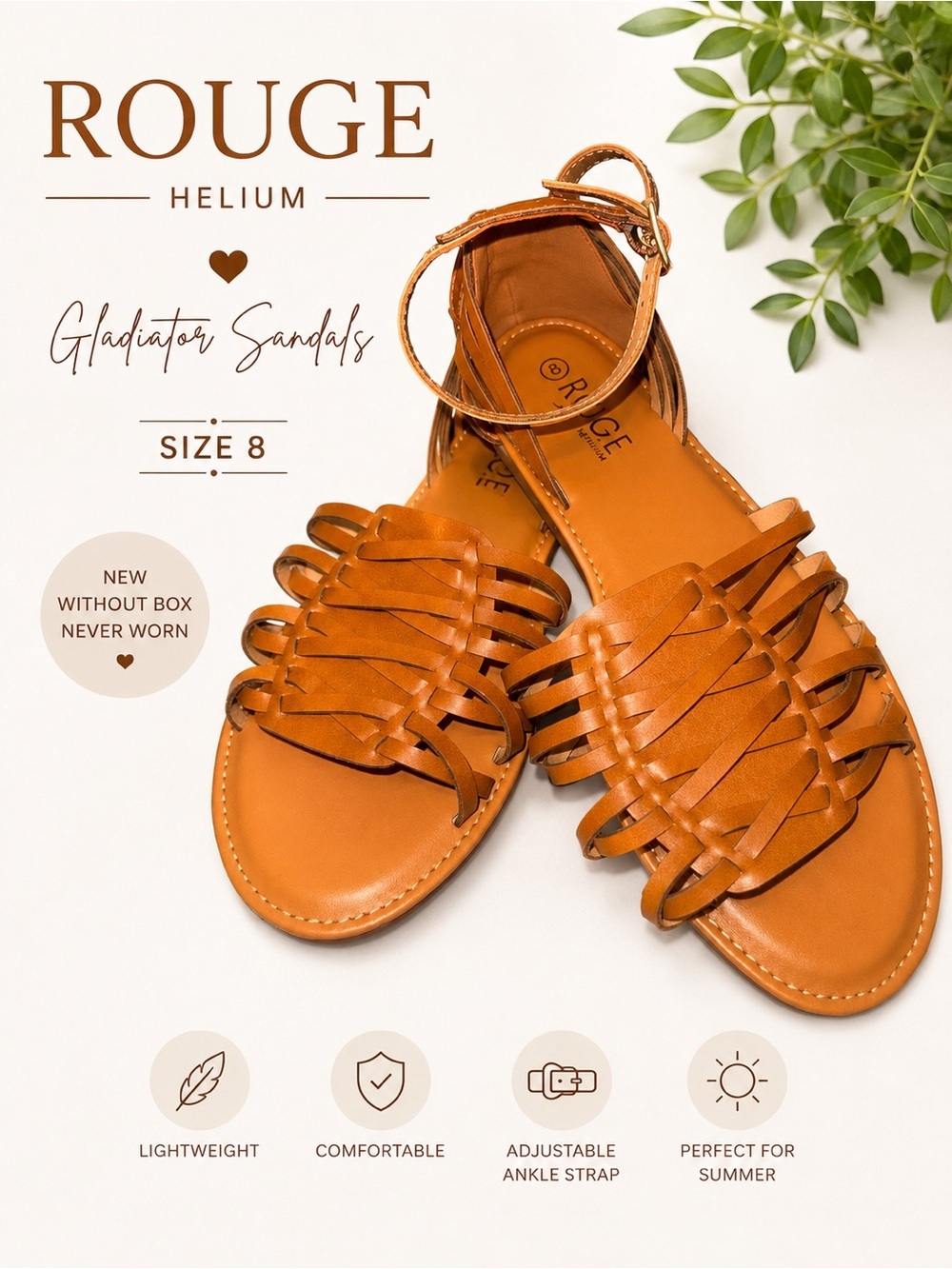 Rouge Helium Tan Gladiator Flat Sandals Size 8 NWOT Never Worn